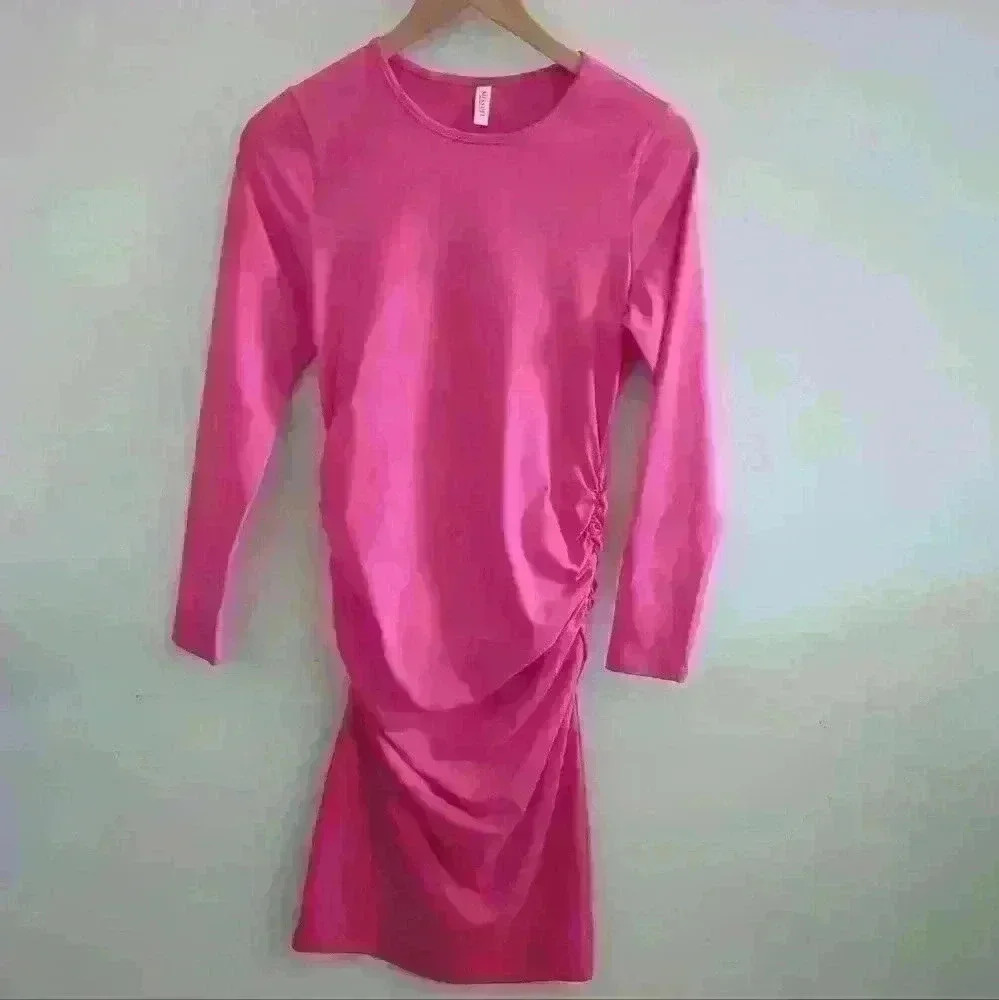 MISSUFE | Women's Hot Pink Long Sleeved Ruched Midi Bodycon Dress